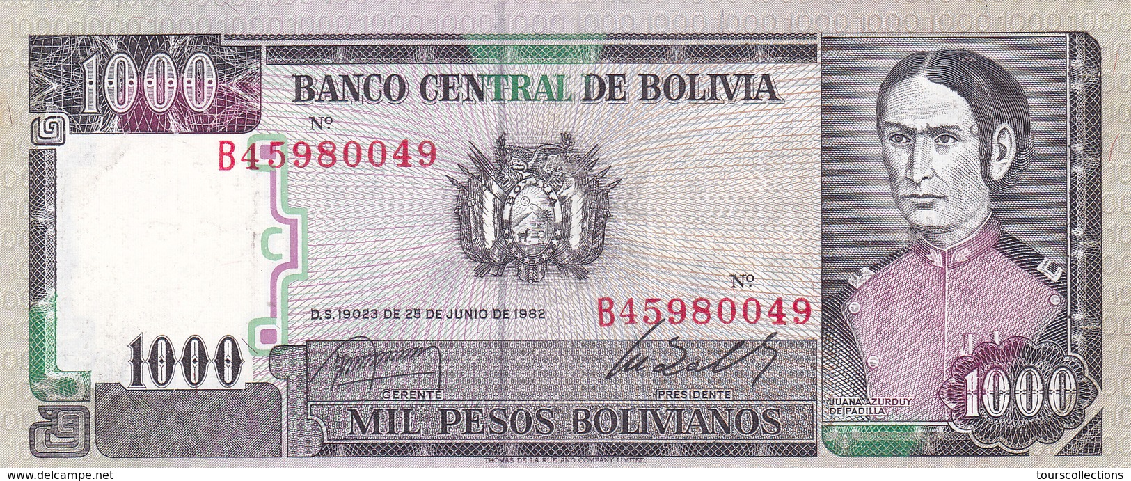 BILLET BOLIVIE De 1000 PESOS BOLIVIANOS De 1982 - J.A De Padilla - N° Rouge B45 - Bolivia