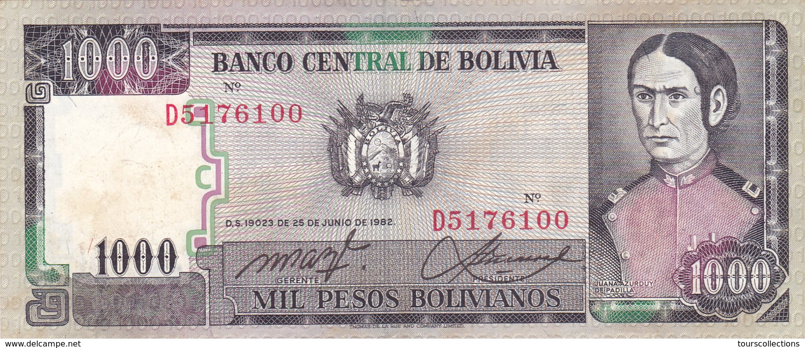 BILLET BOLIVIE De 1000 PESOS BOLIVIANOS De 1982 - J.A De Padilla - N° Rouge D51 - Bolivia