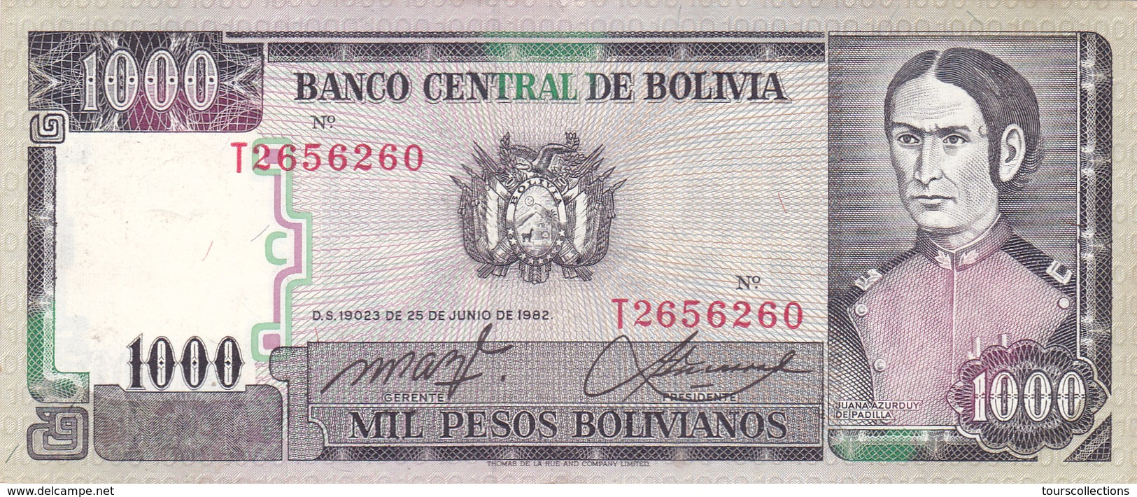 BILLET BOLIVIE De 1000 PESOS BOLIVIANOS De 1982 - J.A De Padilla - N° Rouge T26 - Bolivie