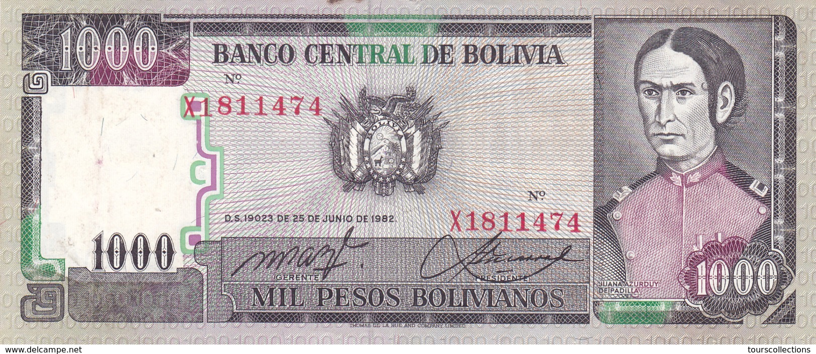 BILLET BOLIVIE De 1000 PESOS BOLIVIANOS De 1982 - J.A De Padilla - N° Rouge X18 - Bolivie