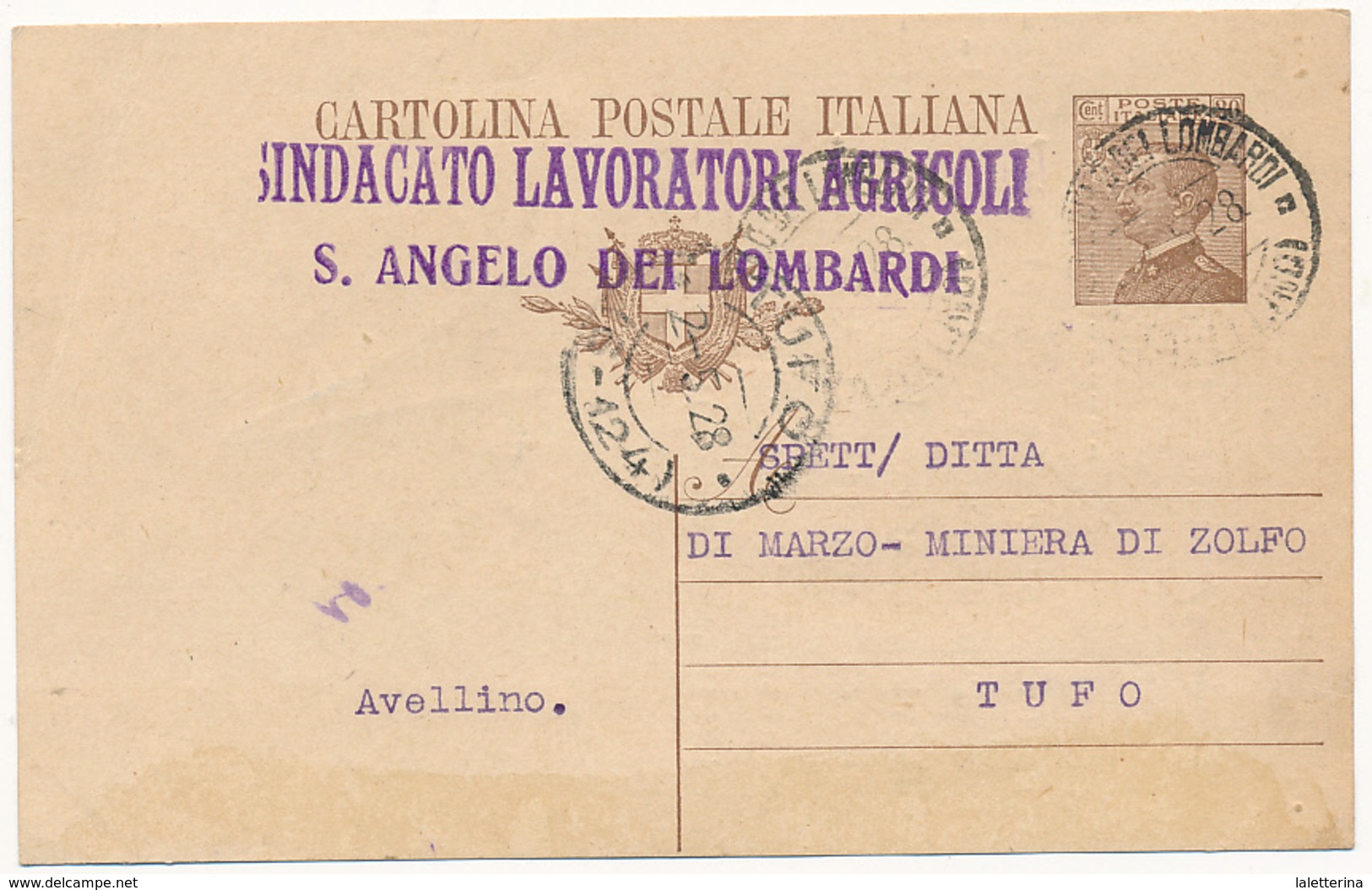 1928 SANT'ANGELO DEI LOMBARDI AVELLINO + SINDACATO LAVORATORI AGRICOLI - Marcophilia