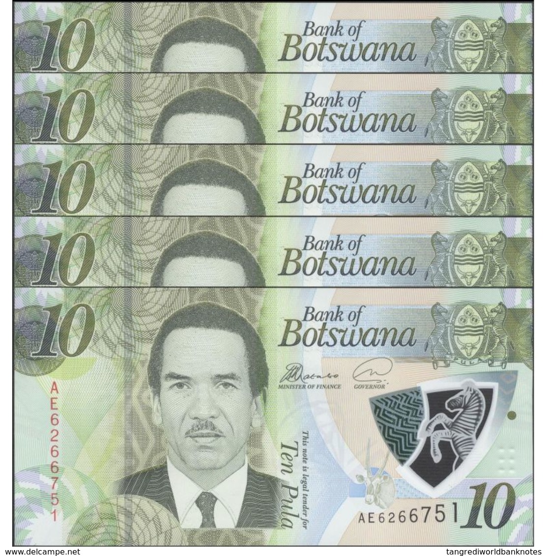 TWN - BOTSWANA NEW - 10 Pula 2018 DEALERS LOT X 5 - Polymer - Prefix AE UNC - Botswana