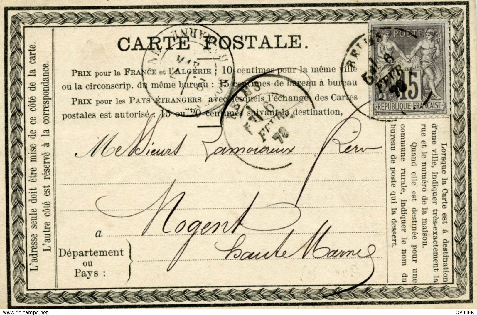 Carte Privée Storch-Sinais N°PRI G12a Girardot Quincaillerie Reims Verso Ligné 6 Fev 1878  Cote 2007  75€ Tarif 15c - Cartoline Precursori