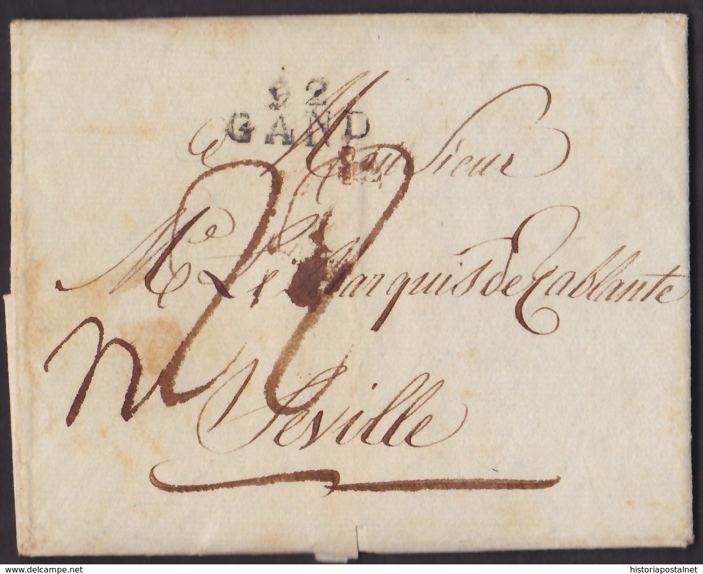 1806. GANTE A SEVILLA. MARCA 92/GAND EN NEGRO. PORTEO MNS. 22 REALES. MUY BONITA E INTERESANTE CIRCULACIÓN. - 1794-1814 (Période Française)