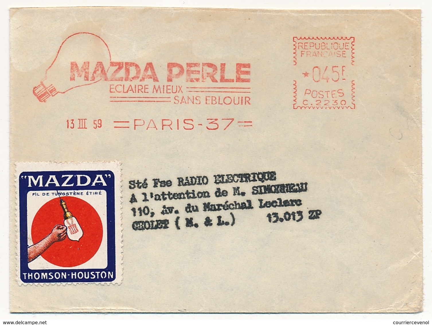 FRANCE - Env Longue EMA "MAZDA PERLE éclaire Mieux Sans éblouir" PARIS 1959 + Vignette MAZDA - Lettres & Documents