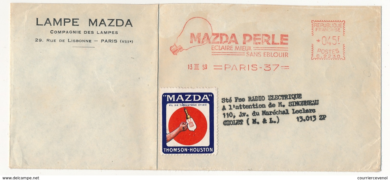 FRANCE - Env Longue EMA "MAZDA PERLE éclaire Mieux Sans éblouir" PARIS 1959 + Vignette MAZDA - Lettres & Documents