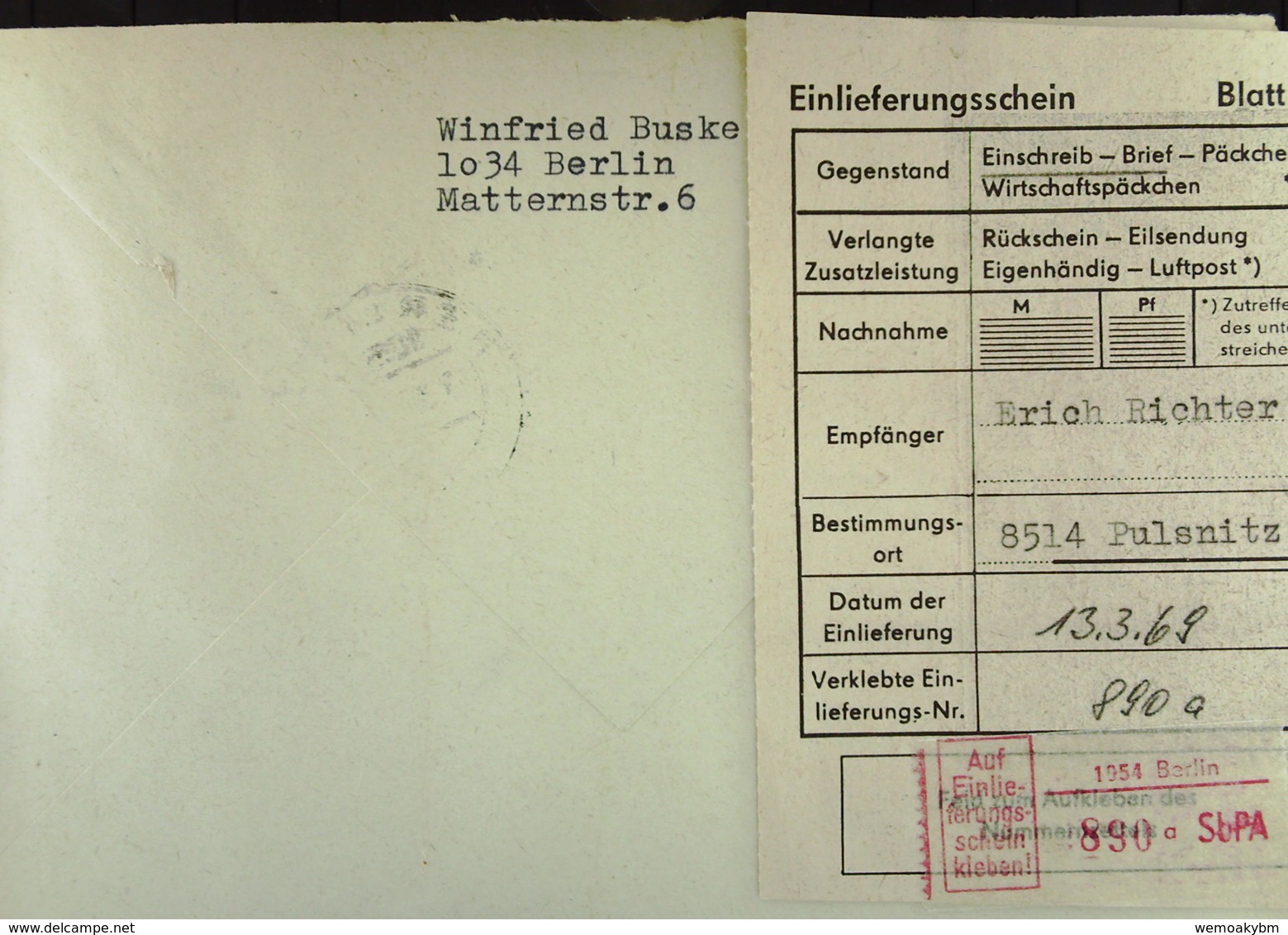 DDR: E-Fern-Bf Mit Selbstbedienungs-R-Zettel 50 Pf 1059 Berlin 890 A -mit Einlieferungsschein Vom 18.3.69 Nach Pulsnitz - R-Zettel