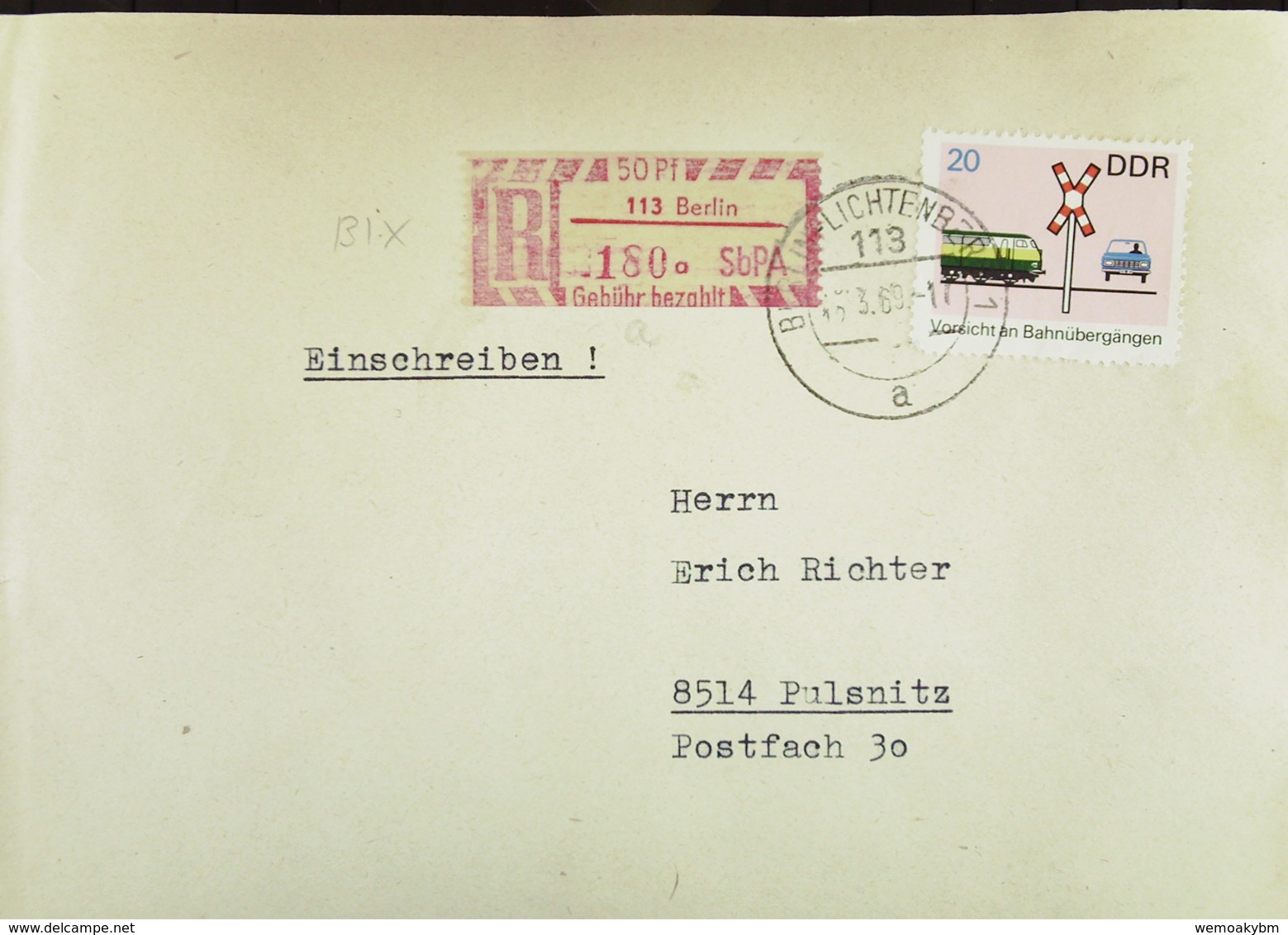 DDR: E-Fern-Bf Mit Selbstbedienungs-R-Zettel 50 Pf 1059 Berlin 180 A -mit Einlieferungsschein Vom 12.3.69 Nach Pulsnitz - Etichette Di Raccomandazione