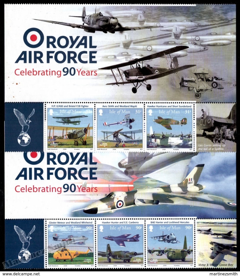 Isle Of Man 2008 Yvert 1444-1449, Military. Airplanes, RAF Royal Air Force 90th Anniv. Header - MNH - Isla De Man