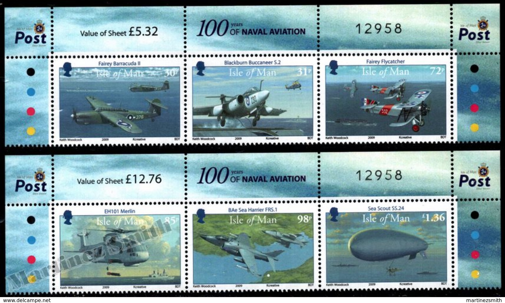 Isle Of Man 2009 Yvert 1516-1521, Airplanes. Naval Aviation Centenary, Assorted Planes. Strip W Border - MNH - Isla De Man