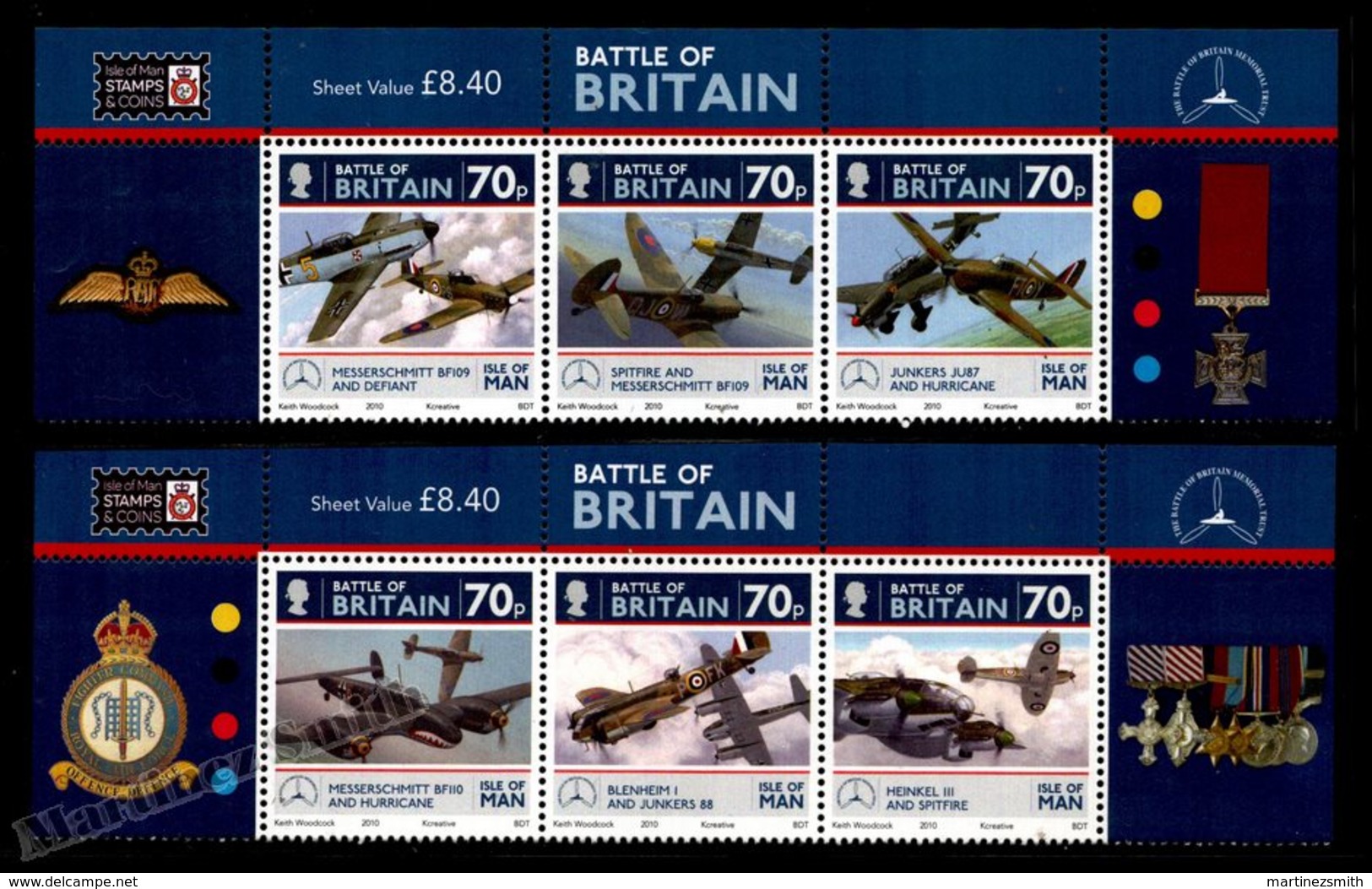 Isle Of Man 2010 Yvert 1630-1635, Airplanes. Battle Britain 70th Anniv, Fighter Aircrafts. Header - MNH - Isla De Man