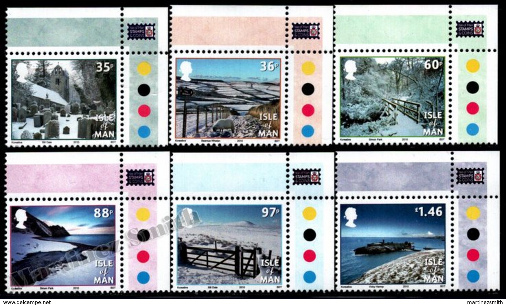 Isle Of Man 2010 Yvert 1673-1678, Landscapes. Snow At The Isle Of Man, Winter, Snowy Landscapes. Corner Border - MNH - Isla De Man