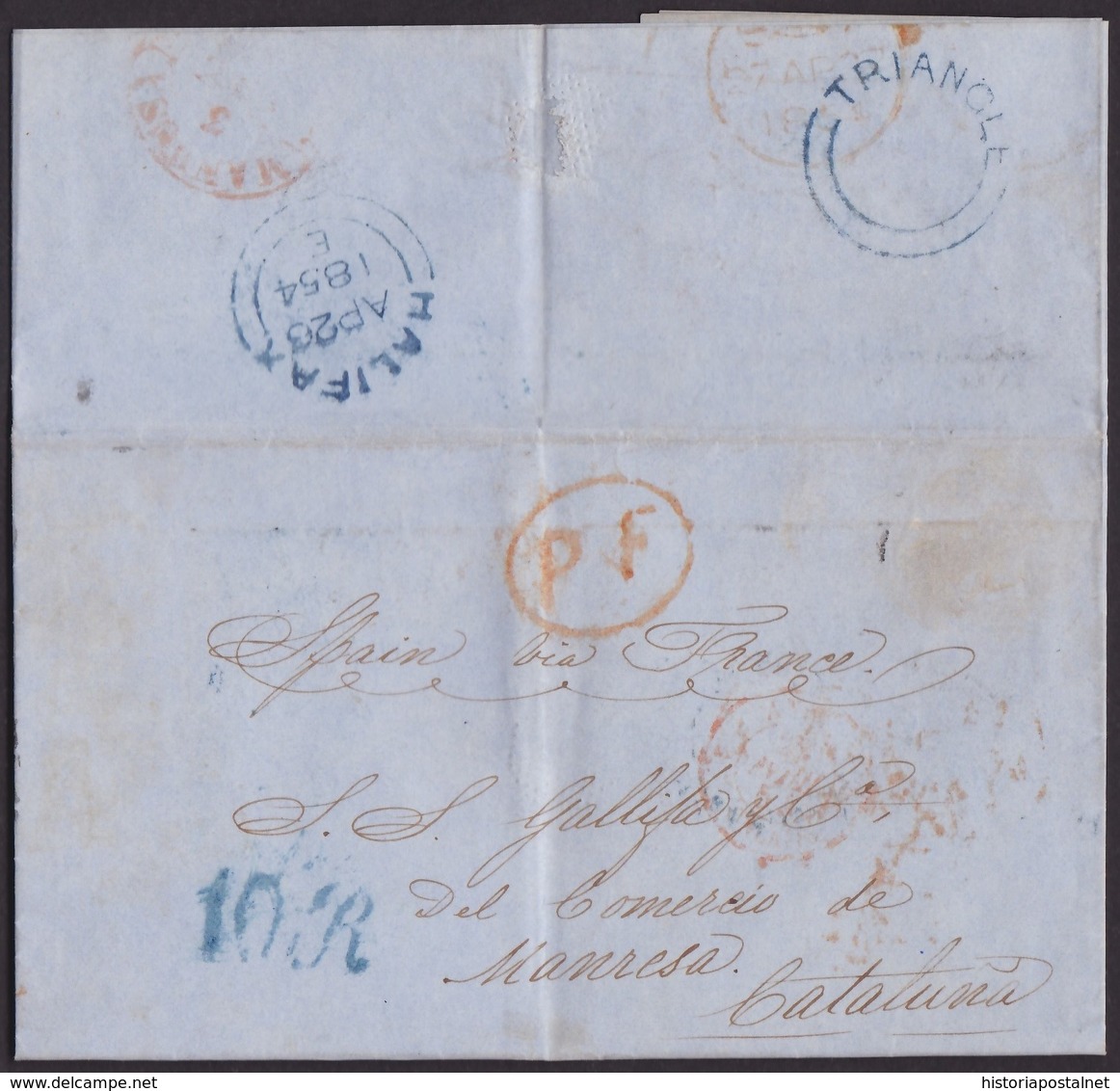 1854. TRIANGLE IN HALIFAX TO MANRESA (BARCELONA). UNFRANKED COVER WITH BLUE CDS. TRANSIT AND RATED 10R. VERY FINE. - Cartas & Documentos