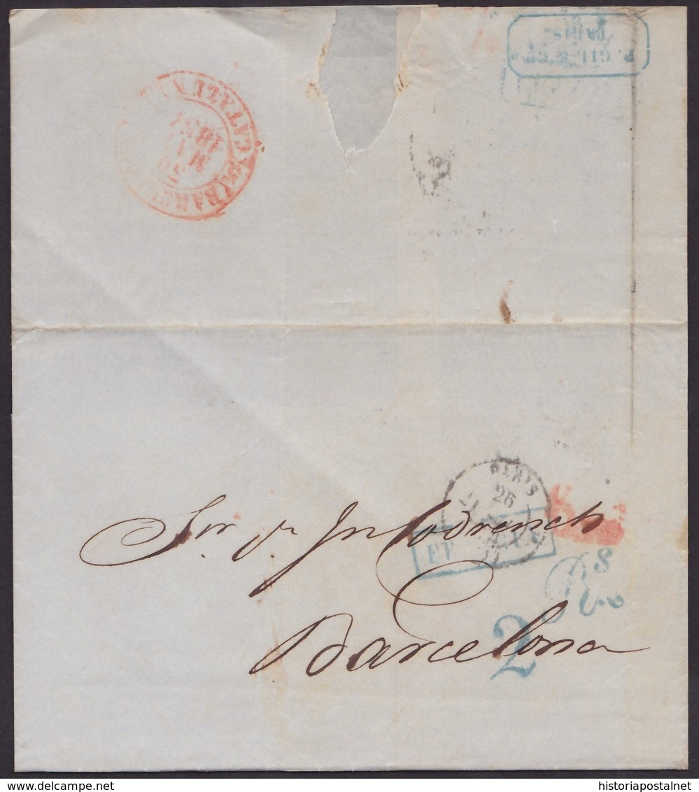 1854. LONDON TO BARCELONA. POSTMARK FRANCIA BOXED BLUE. RATED 2Rs REALES 6MS MARAVEDIS OVER RATED. VERY FINE ENVELOPE. - ...-1840 Precursores