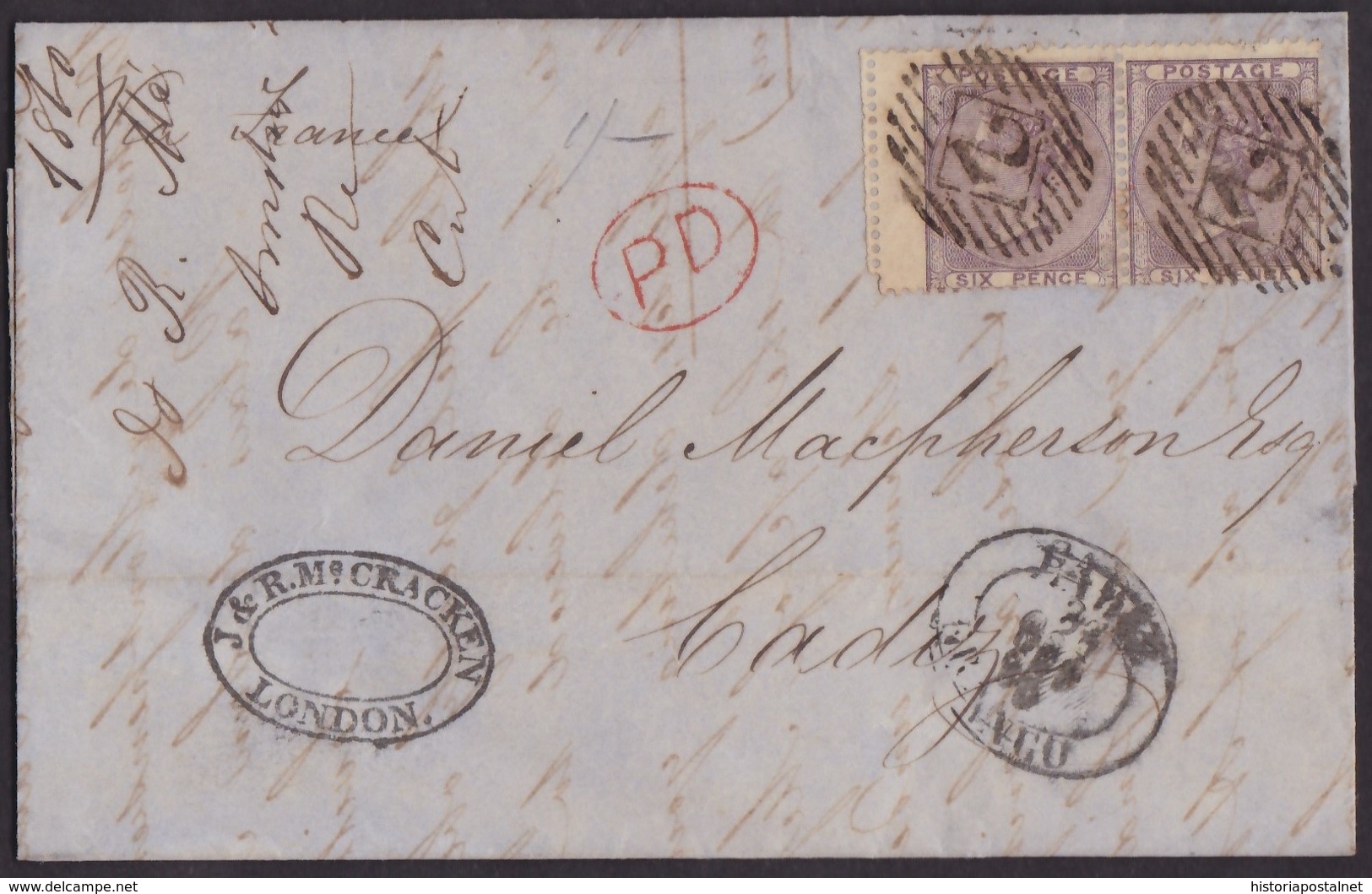 1860. LONDON TO CÁDIZ. 6 PENCE VIOLET PAIR. POSTMARK NUMERAL 2 FROM LONDON. CADIZ/FRANCO AT ARRIVAL. - Cartas & Documentos