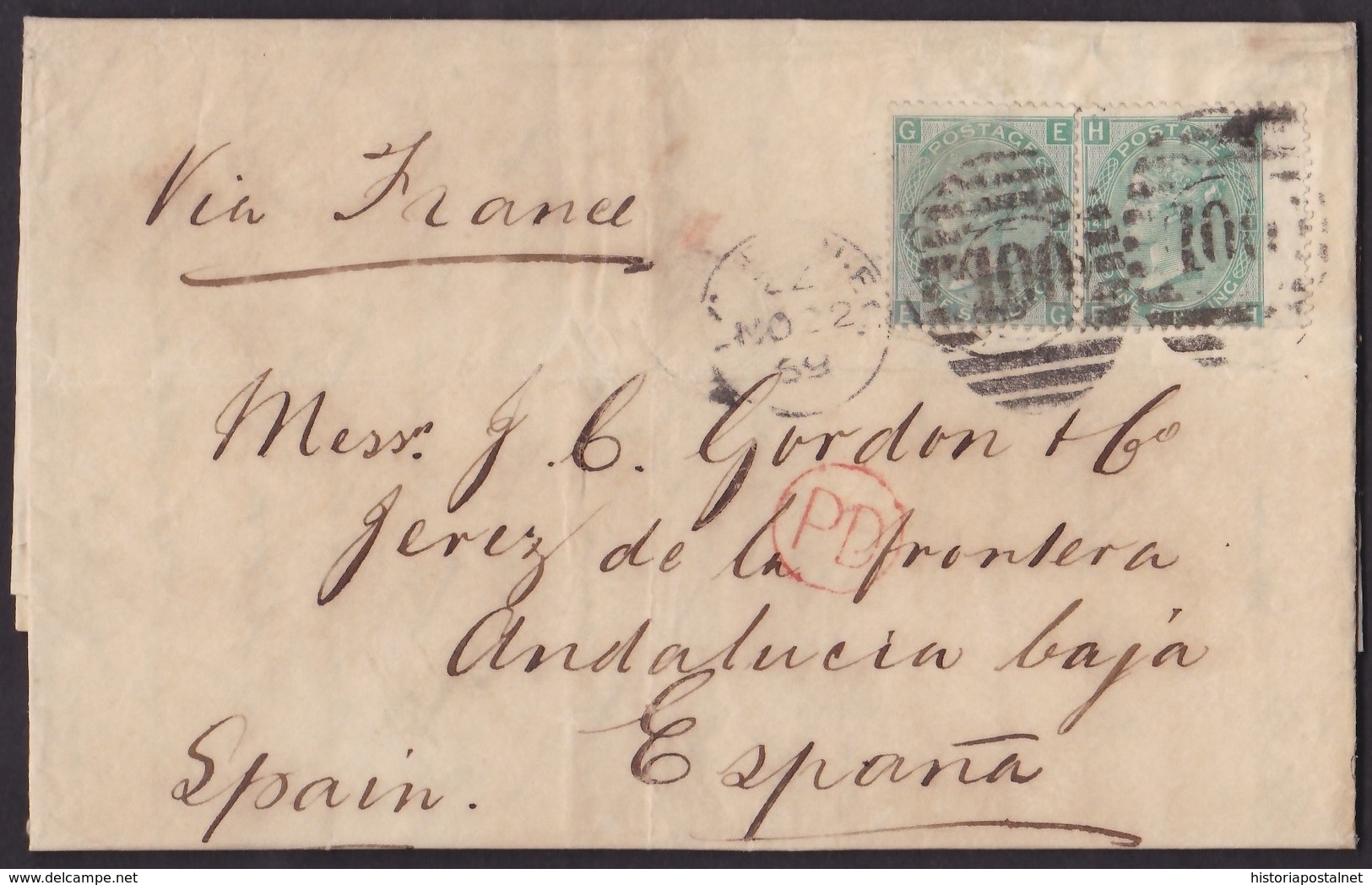 1869. LONDON TO JEREZ DE LA FRONTERA. PAIR 1 SHILLING GREEN. POSTMARK NUMERAL 100 FROM LONDON. VERY FINE. - Cartas & Documentos