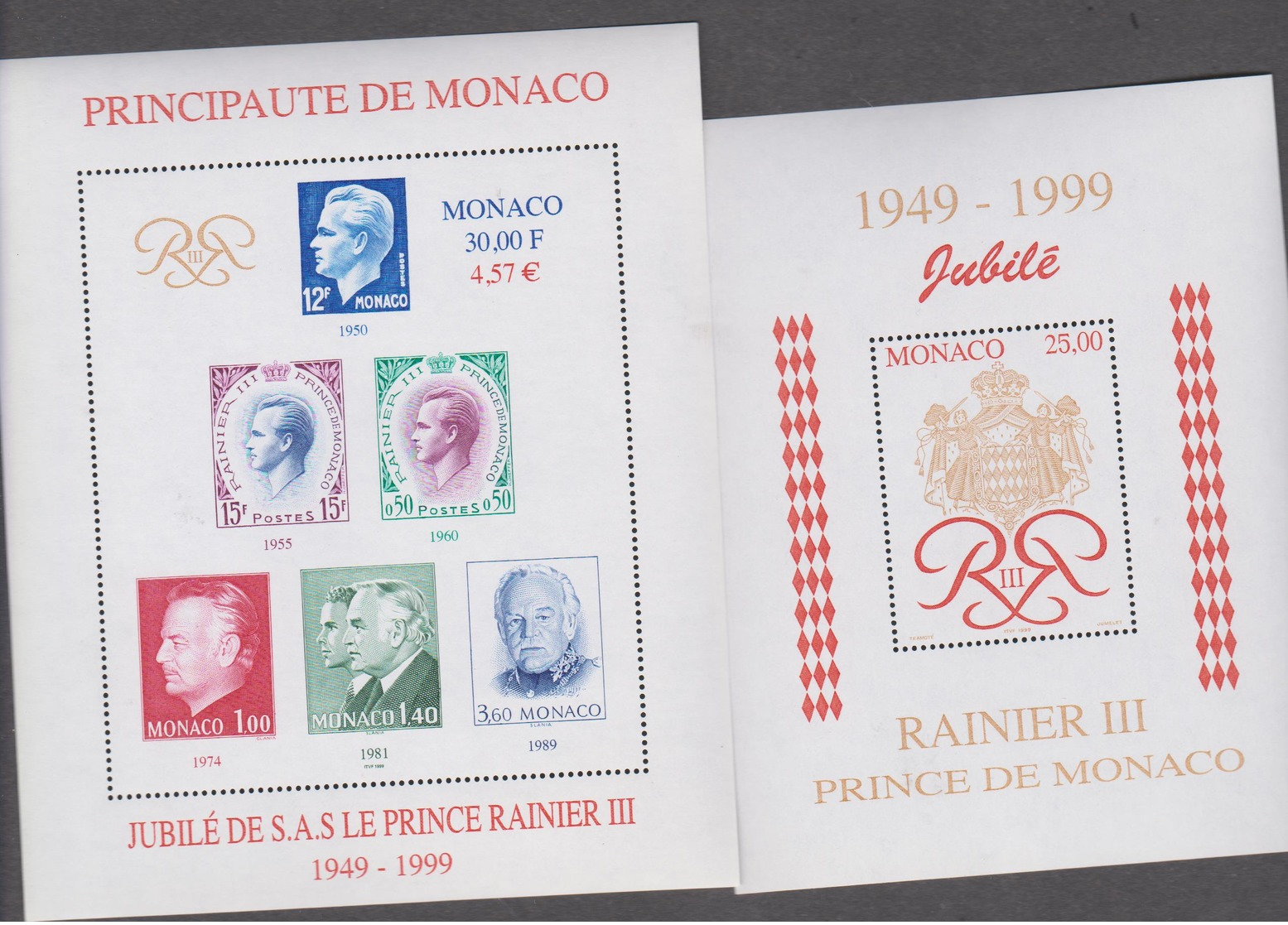 MONACO 2 Blocs Feuillets Neufs N° YT BF80 83  -1998-99 - 50ans Du Régne Du Prince Rainier III - Blocs