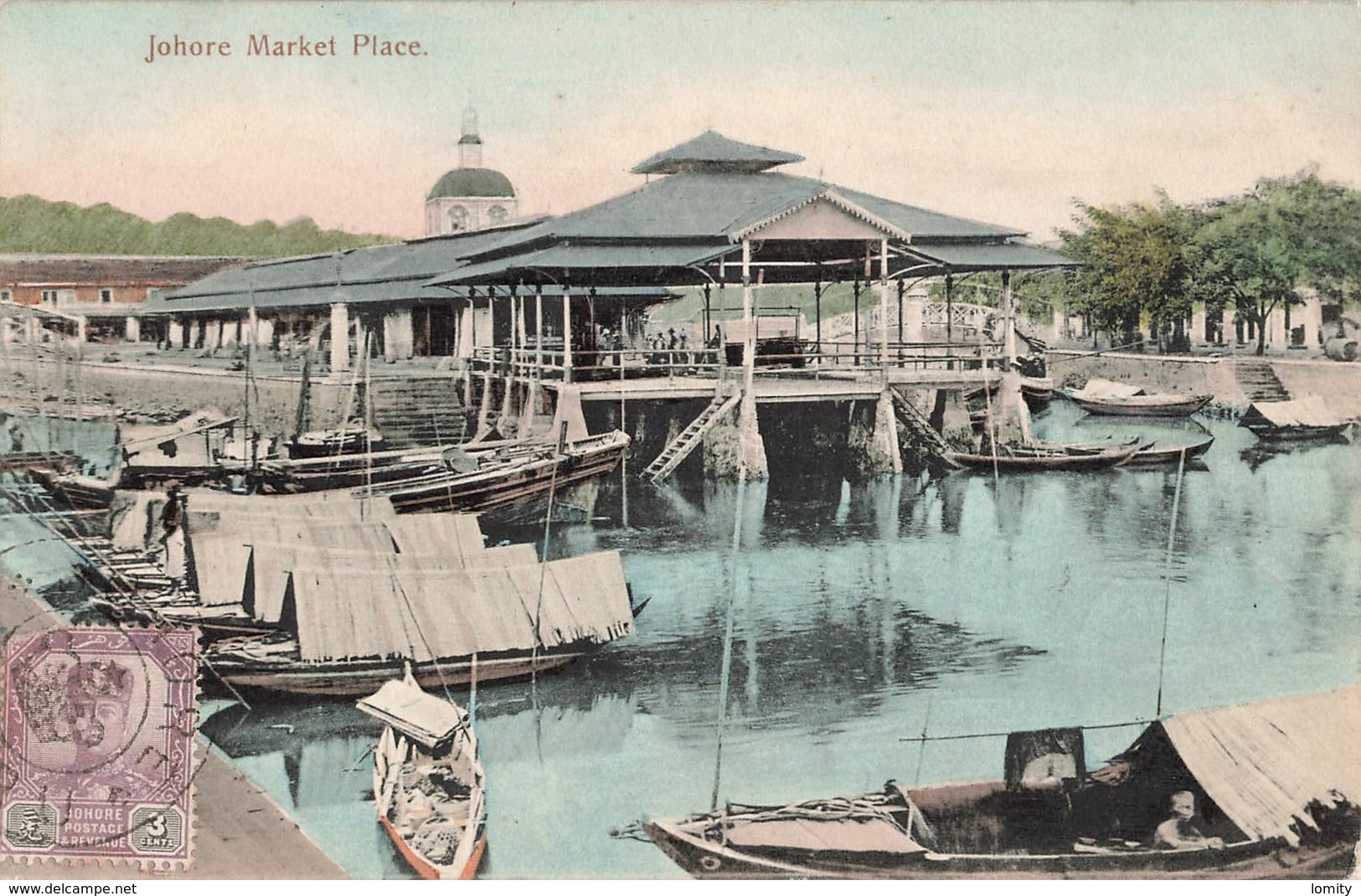 Malaysie Johore Market Place Du Marché Cpa Carte Voyagée + Timbre Cachet Johore Avec Couronne 1909 Singapour Singapore - Malasia