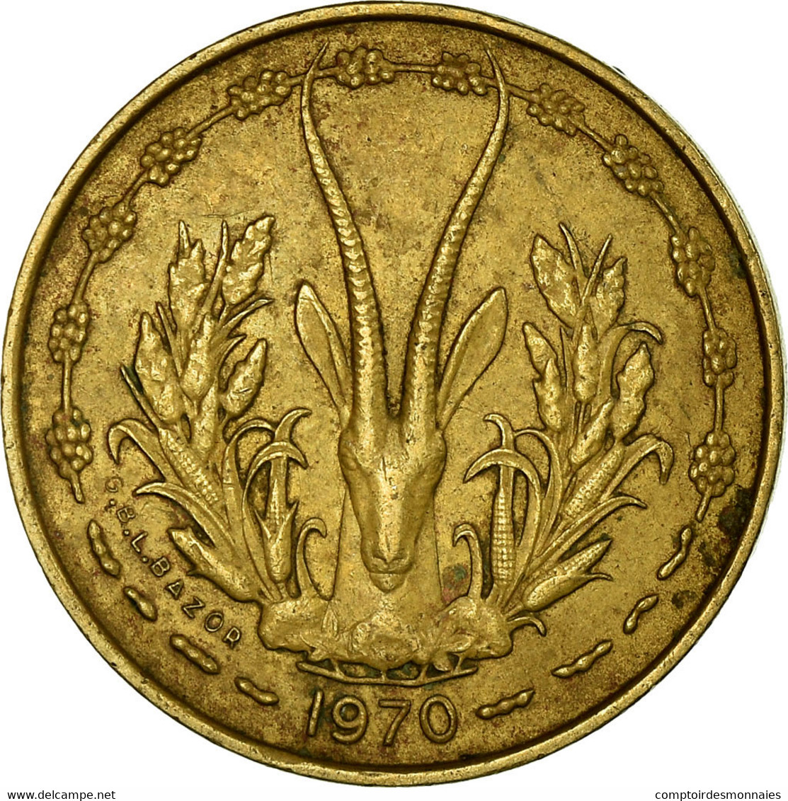 Monnaie, West African States, 5 Francs, 1970, TTB, Aluminum-Nickel-Bronze, KM:2a - Côte-d'Ivoire