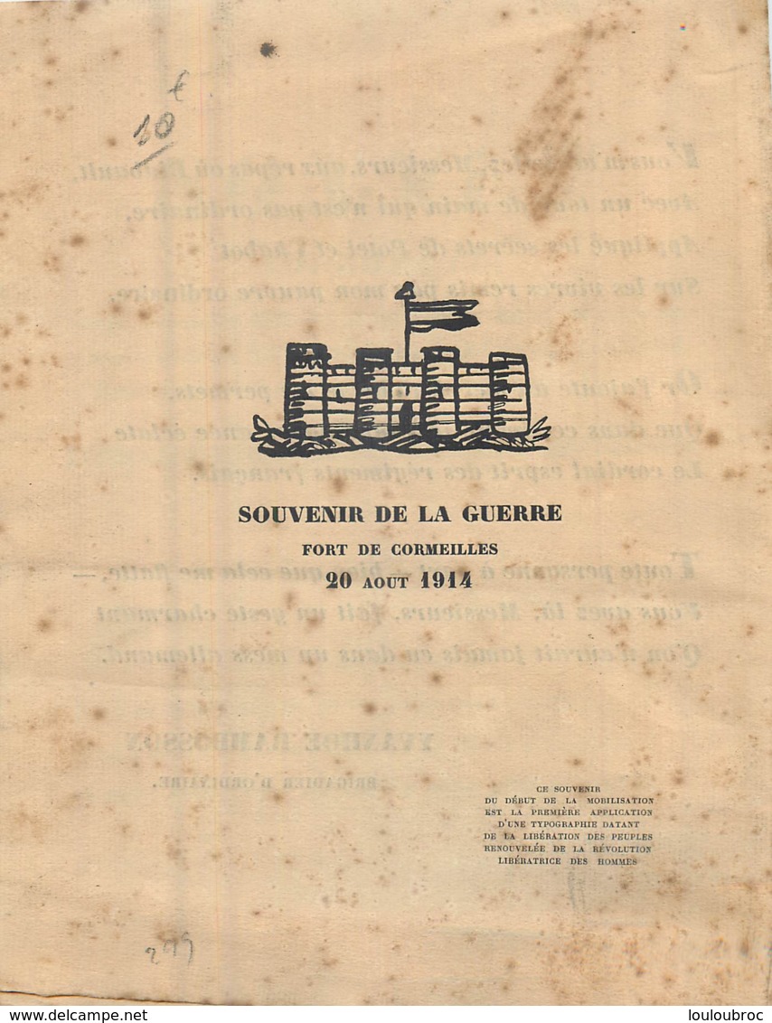 RARE  A DES FRERES D'ARMES  SONNET IMPROMPTU YVANHOE RAMBOSSON FORT DE CORMEILLES 20 AOUT 1914 FORMAT OUVERT 35 X 23 CM - 1914-18