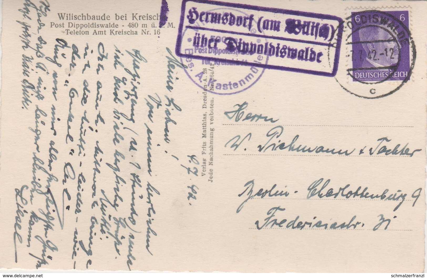 AK Wilisch Baude Gasthof Wilischbaude Stempel Kreischa Dippoldiswalde Possendorf Lungkwitz Hermsdorf Reinberg Hirschbach - Kreischa