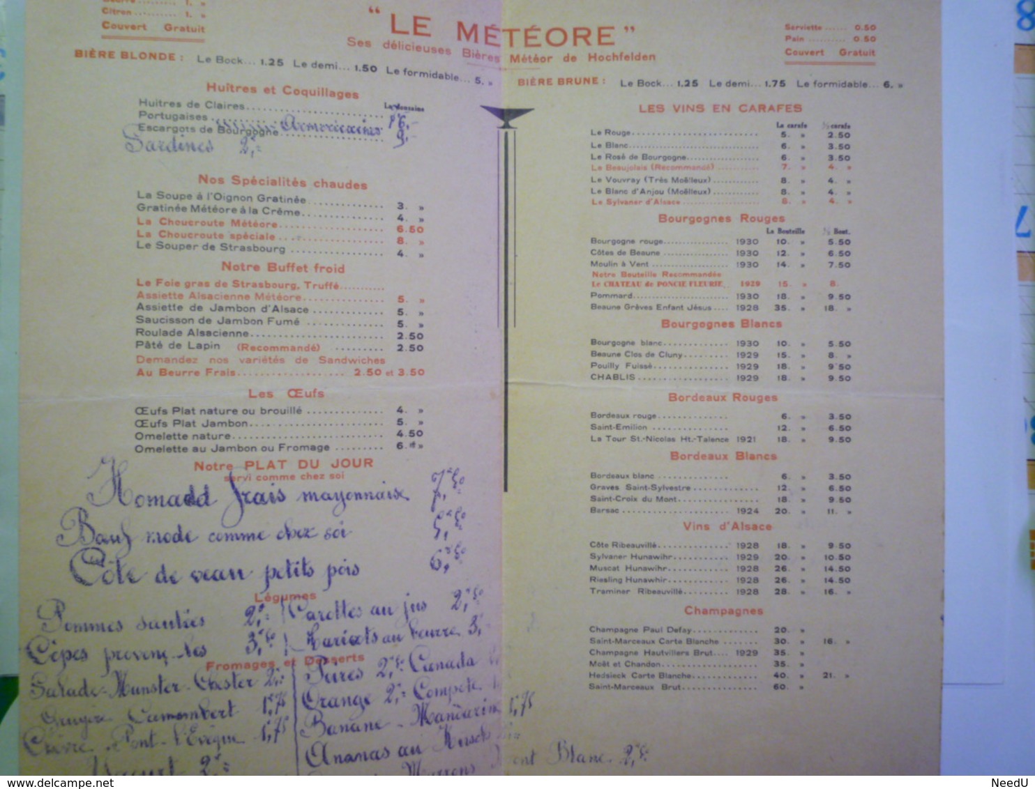 GP 2020 - 2327  MENU  Café-BAR BRASSERIE  "LE METEORE"   1934   XXX - Van Houten