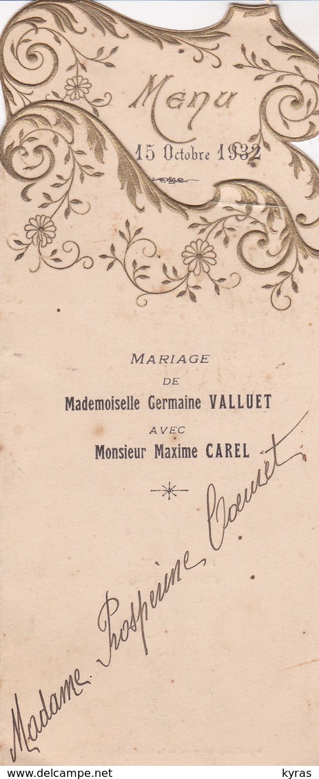 BA / 2 MENUS 8 (16) X18 . 1/ V.C. 02/07/1931 -2/ Mariage VALLUET-CAREL 15/10/1932 (Belle Découpe & Dorures Style 1930) - Menú