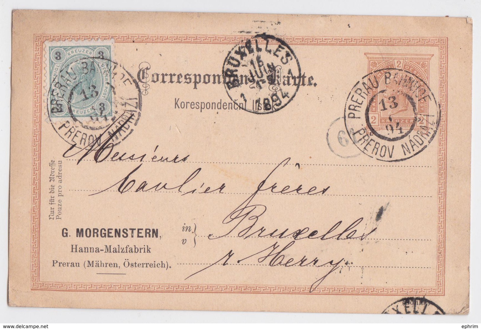 PRERAU MÄHREN ÖSTERREICH PREROV MORGENSTERN HANNA-MALZFABRIK POSTKARTE ENTIER POSTAL AUTRICHE-HONGRIE MALTERIE MALT - Briefe U. Dokumente