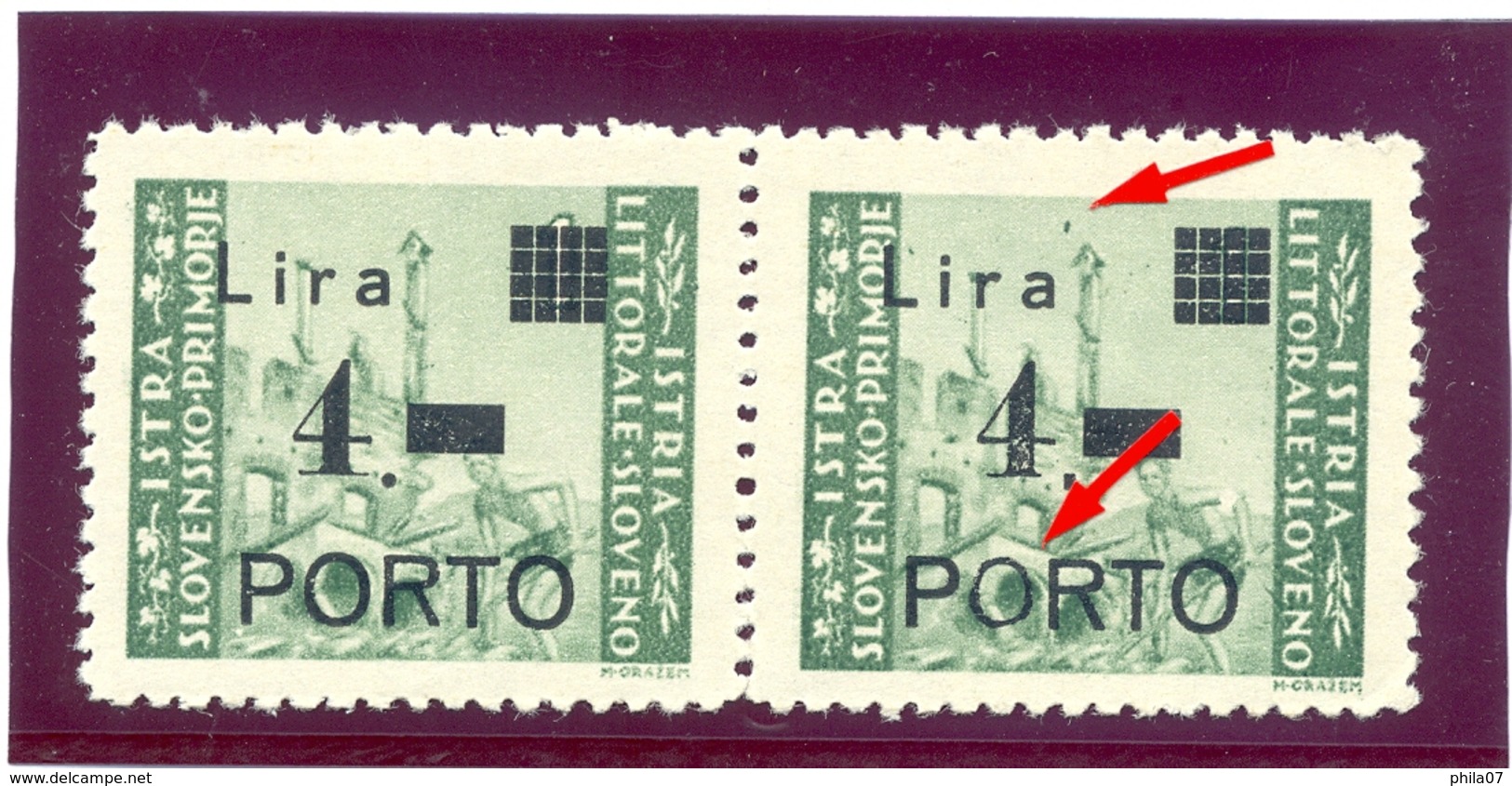 Italy, Yugoslavia - PS No. 10, Type Ib And Ia, Error Of Print And Overprint, Thin O In PORTO And Dot Above Tower, Novako - Yugoslavian Occ.: Slovenian Shore