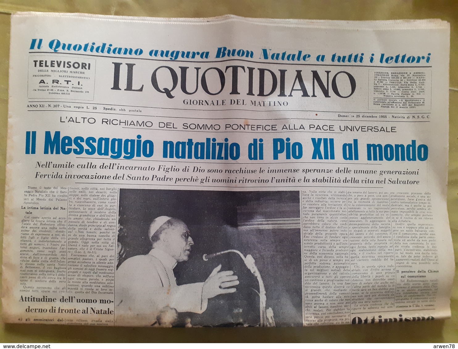 Journal Italien Il Quotidiano Message De Noel Du Pape Pie XII Au Monde Dimanche 25 Decembre 1955 - Autres & Non Classés