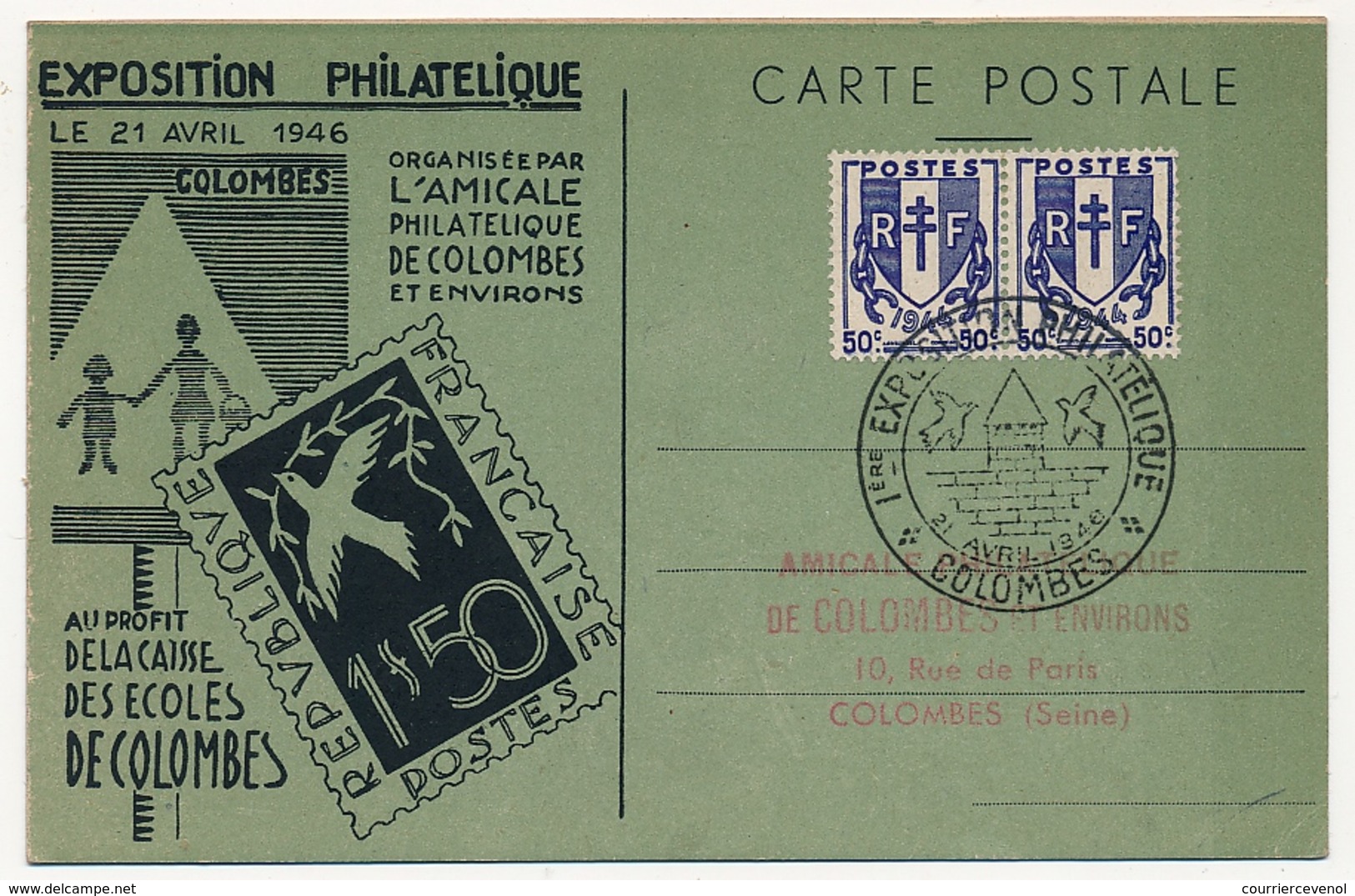 FRANCE - CP Commémorative - 1ere Exposition Philatélique - COLOMBES - 1946 - Cachets Commémoratifs