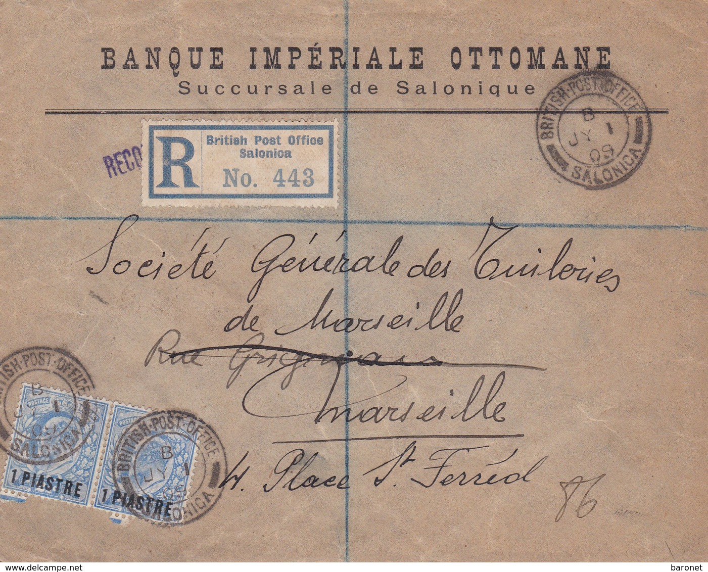 L Recommandé Banque Impériale Ottomane T.P. Anglais Surchargé 1 Piastre Ob British Post Office Salonica B JY I 09 - Altri & Non Classificati