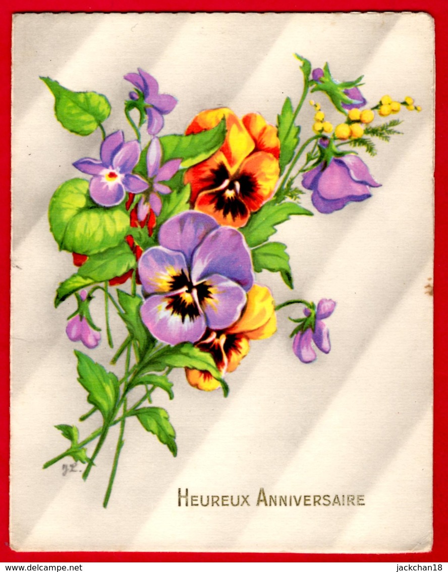 -- HEUREUX ANNIVERSAIRE /  CARTE A SYSTEME Avec PENSEES  / SIGNEE  JL JEANNE LAGARDE -- - Sonstige & Ohne Zuordnung