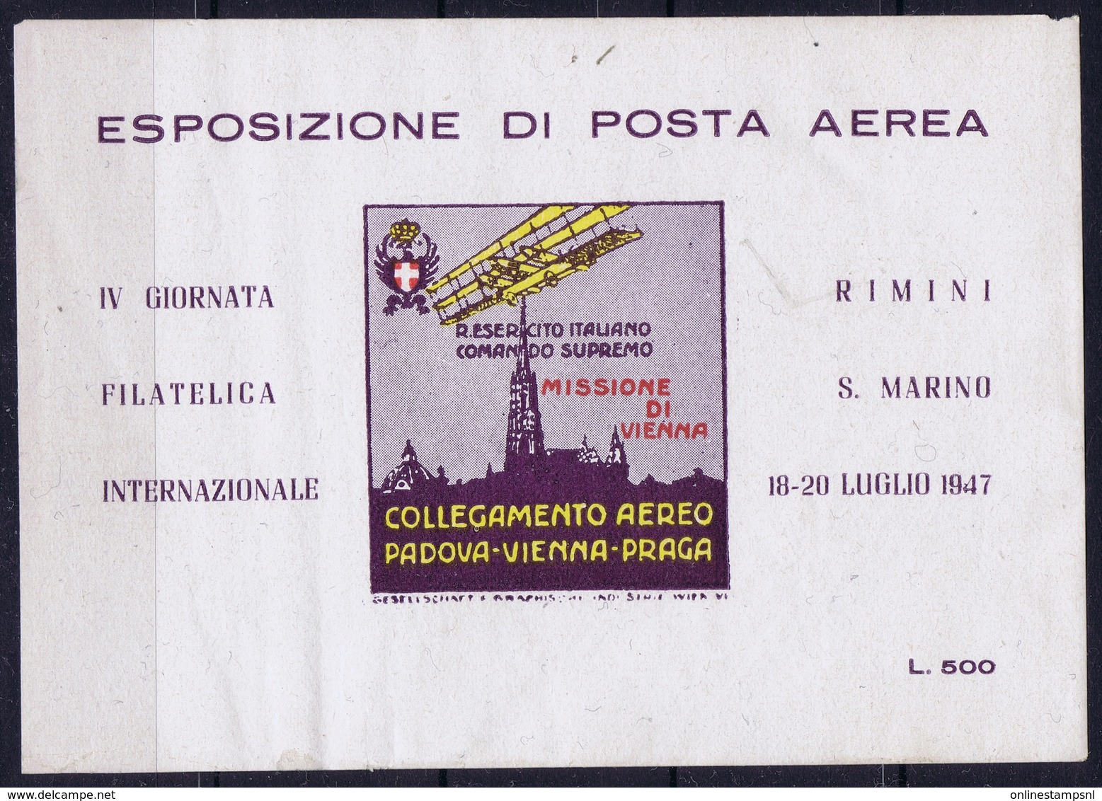 ITALY  ESPOSIZIONE DI POSTA AEREA   MISSIONE DI VIENNA   RIMINI S. MARINO 1947 - Correo Aéreo