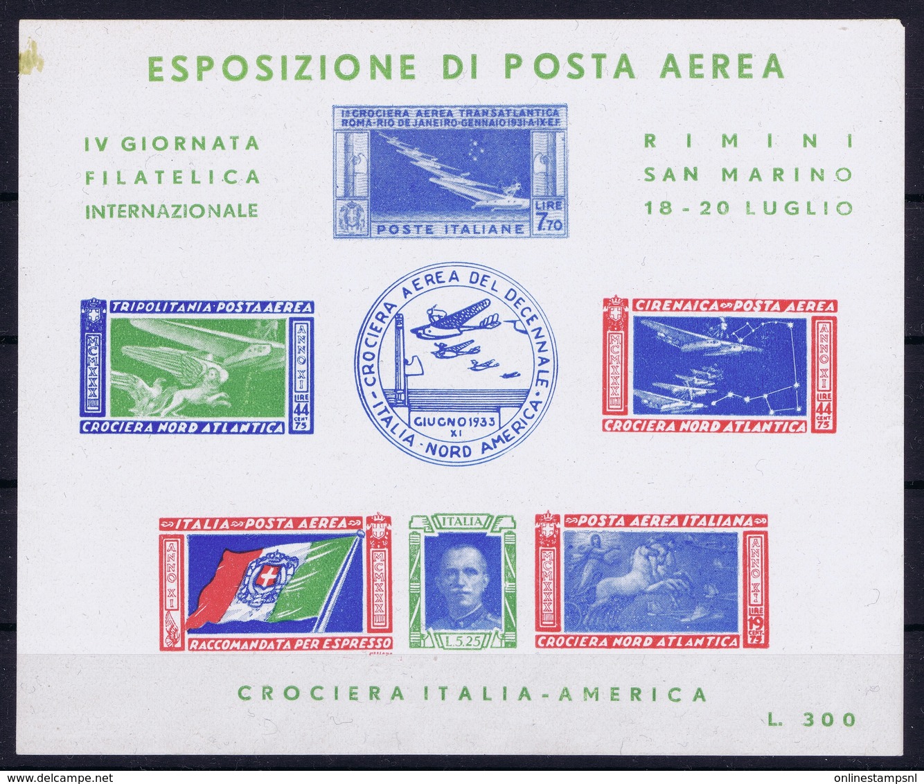 ITALY  ESPOSIZIONE DI POSTA AEREA   IV GIORNATA FILATELICA  CROCIERA ITALIA - AMERICA   RIMINI S. MARINO 1947  SPOT - Airmail