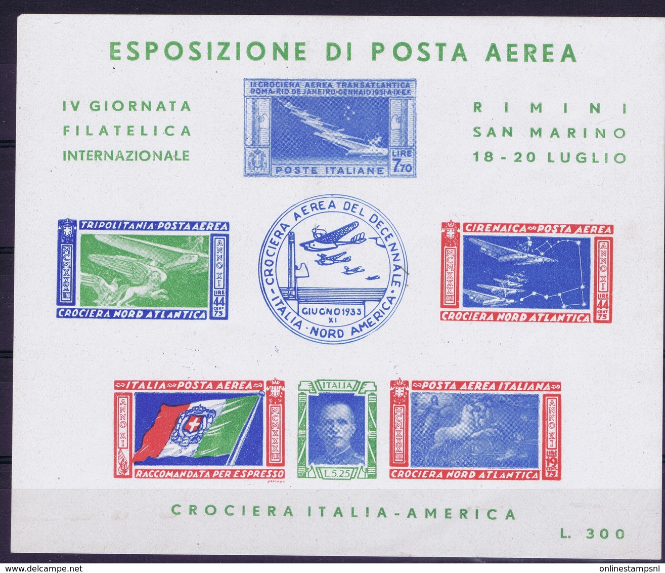 ITALY  ESPOSIZIONE DI POSTA AEREA   IV GIORNATA FILATELICA  CROCIERA ITALIA - AMERICA   RIMINI S. MARINO 1947 - Poste Aérienne