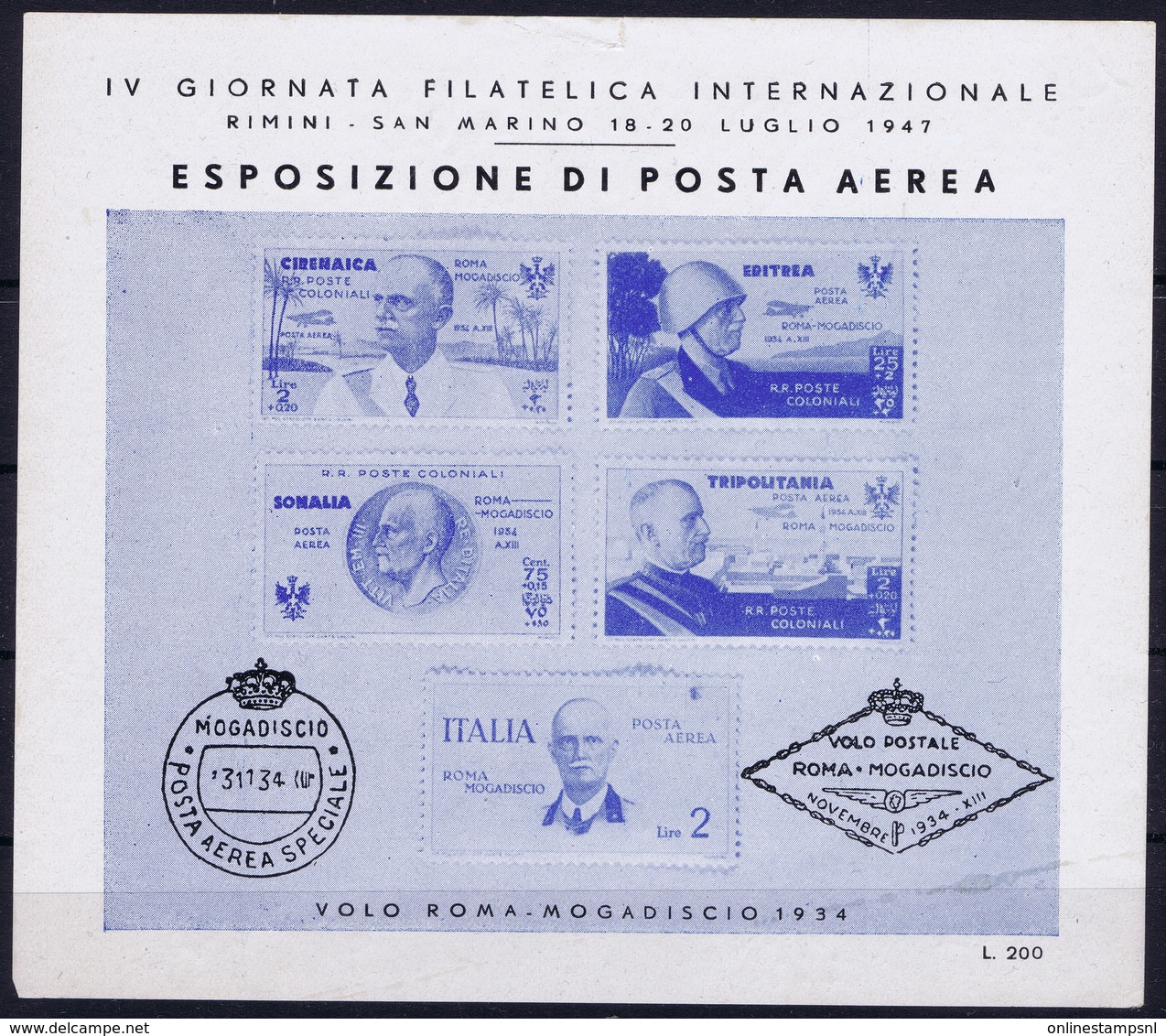 ITALY  ESPOSIZIONE DI POSTA AEREA   IV GIORNATA FILATELICA  VOLO ROMA - MOGADISCIO 1934   RIMINI S. MARINO 1947 - Luftpost