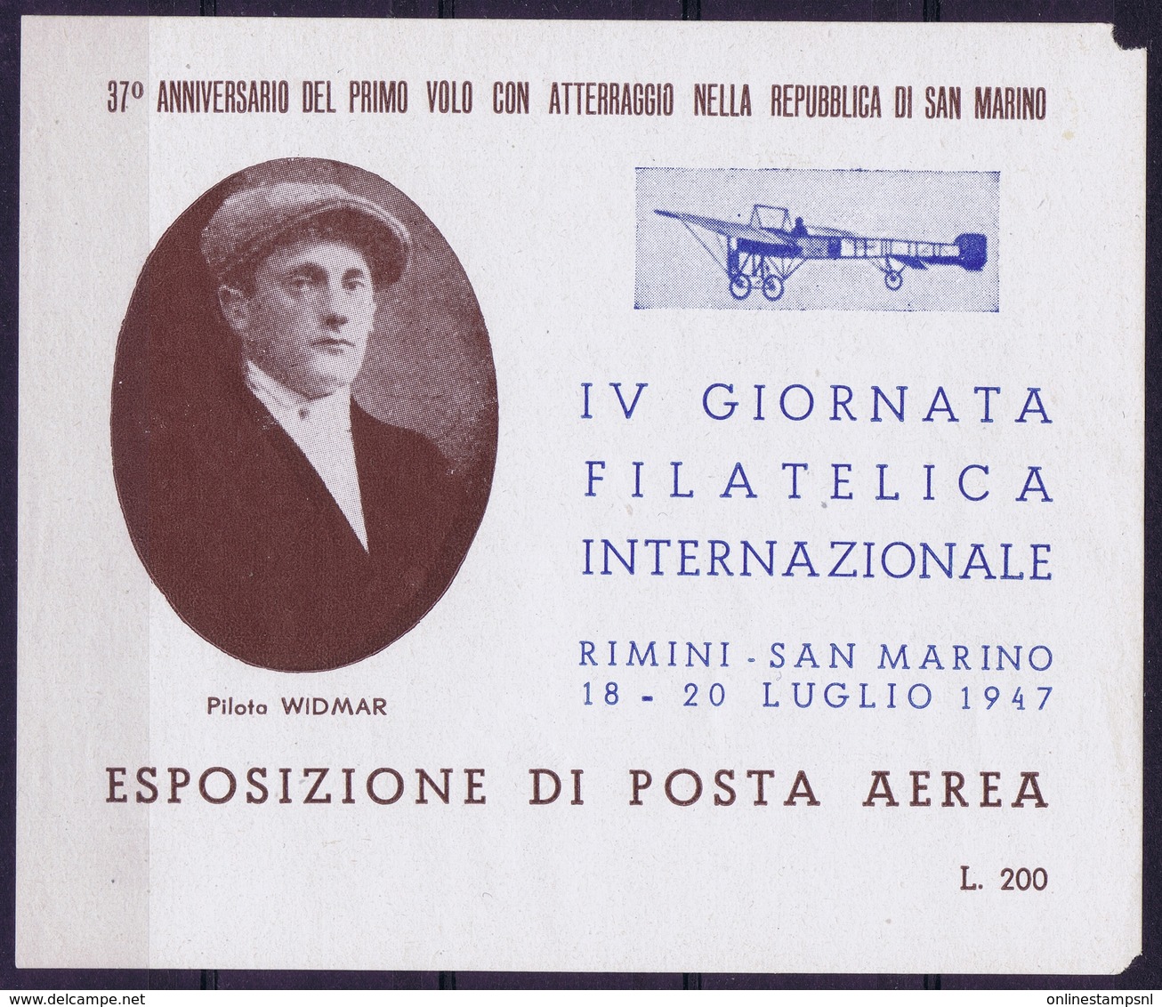 ITALY  ESPOSIZIONE DI POSTA AEREA   IV GIORNATA FILATELICA    RIMINI S. MARINO 1947 - Luftpost