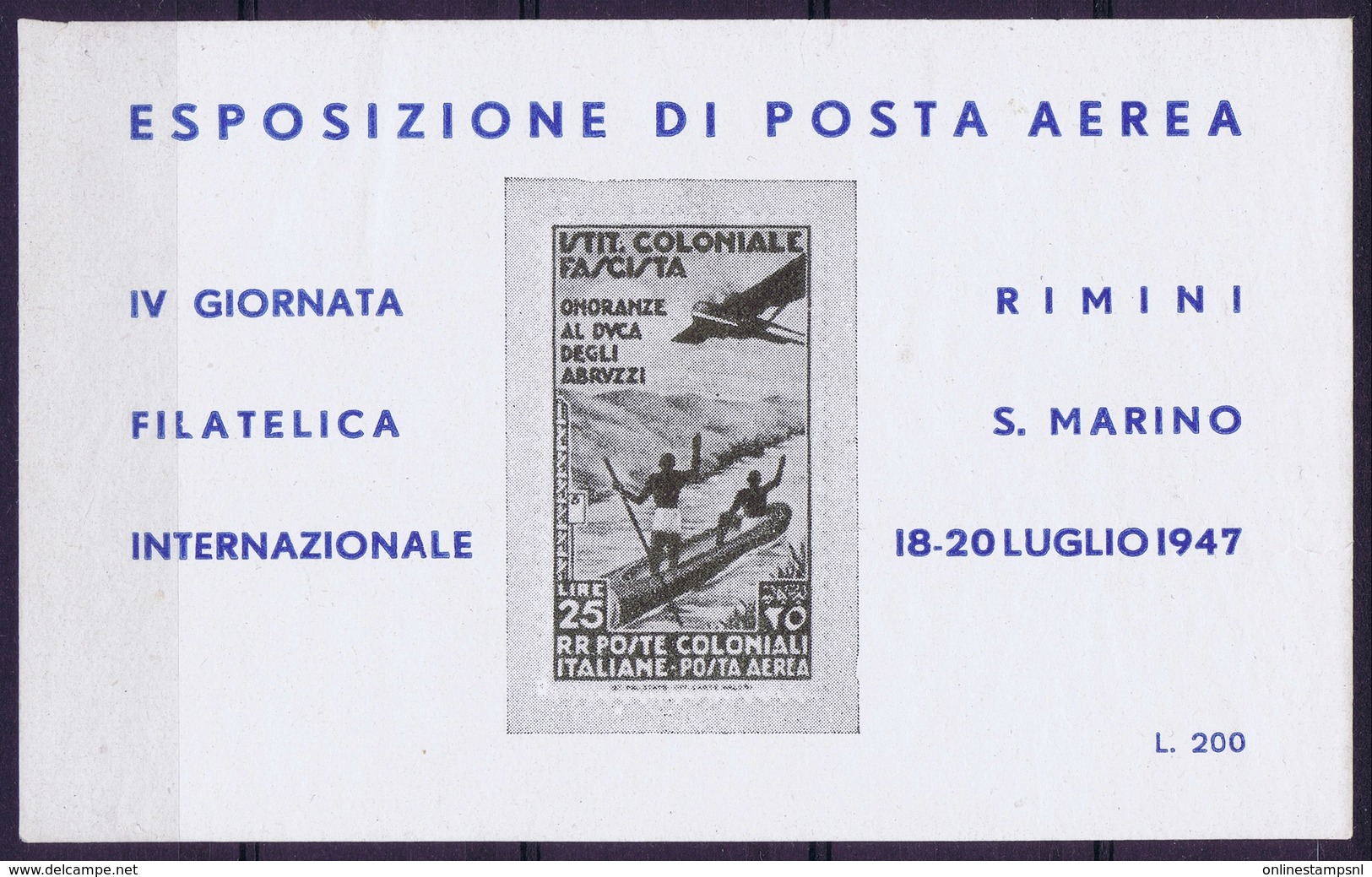 ITALY  ESPOSIZIONE DI POSTA AEREA   IV GIORNATA FILATELICA    RIMINI S. MARINO 1947 - Airmail