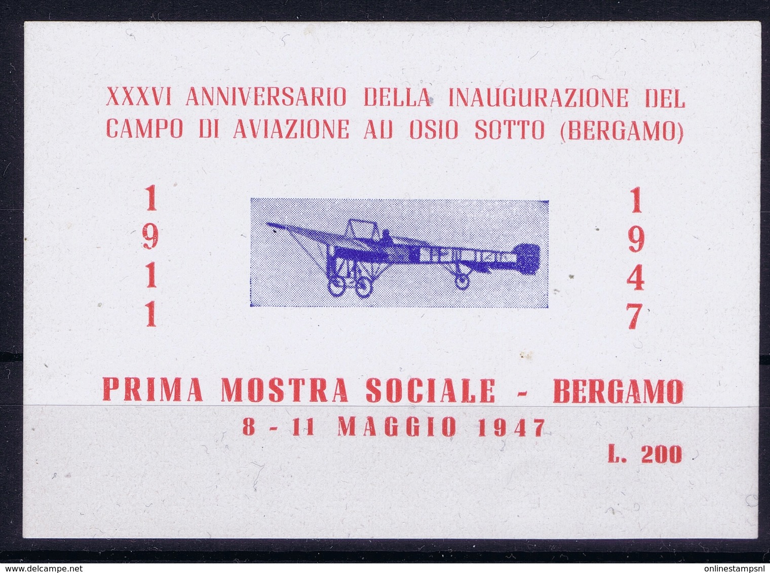 ITALY XXXVI  ANNIVERSARIO DELLA INAUGURAZIONE DEL CAMPO DI AVIAZIONE AU OSIO SOTTO BERGAMO 1947 - Posta Aerea