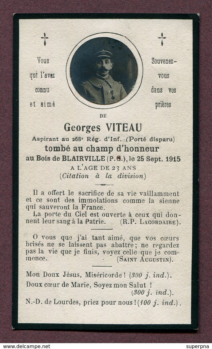 BLAIRVILLE : " 268ème Régiment D'Infanterie - Georges VITEAU "  1915 - Documents