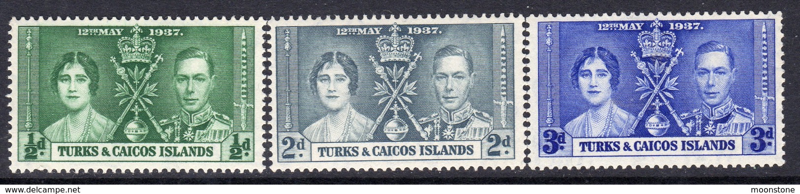 Turks & Caicos Islands GVI 1937 Coronation Set Of 3, Hinged Mint, SG 191/3 (A) - Turks And Caicos