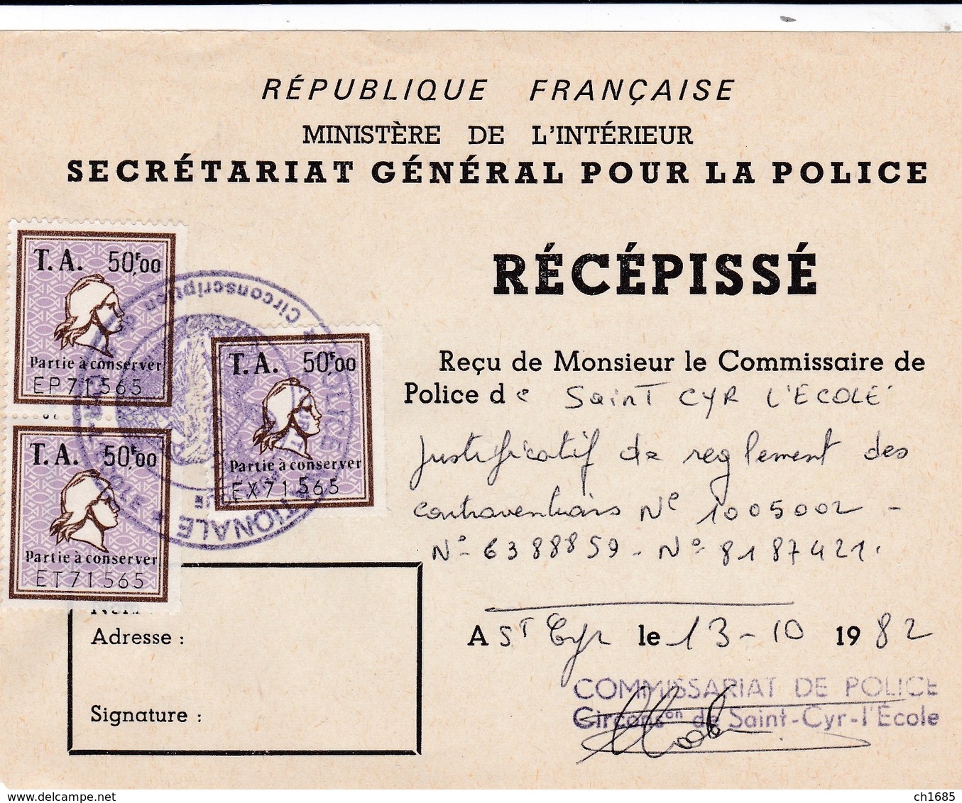 FRANCE :  Timbres Fiscaux 50 F X 3 Sur Récépissé De Contravention  . Oblitération Police Nationale - Briefe U. Dokumente