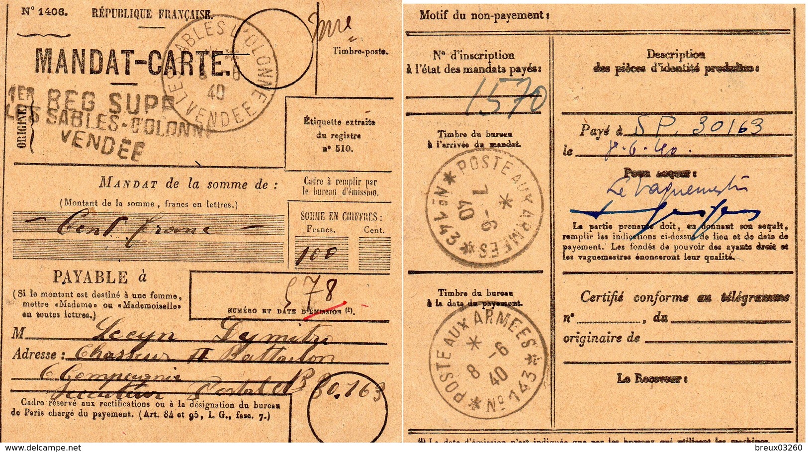 Mandat Carte - Cachet: " Poste Aux Armées-avec Numéro "- -  Avec Etoiles-  *N° 143*- - Guerre De 1939-45