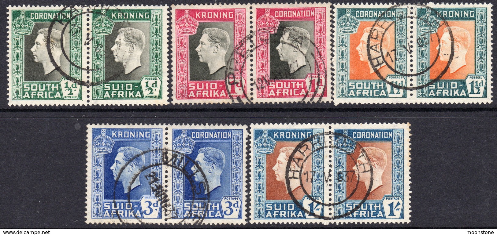 South Africa GVI 1937 Coronation Set Of 10, 5 Pairs, Used, SG 71/5 (A) - Used Stamps