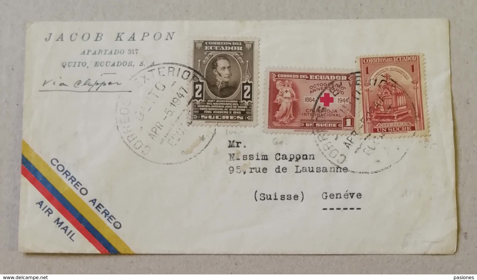 Busta Di Lettera Per Via Aerea Quito-Ginevra (CH) - 05/04/1947 - Ecuador