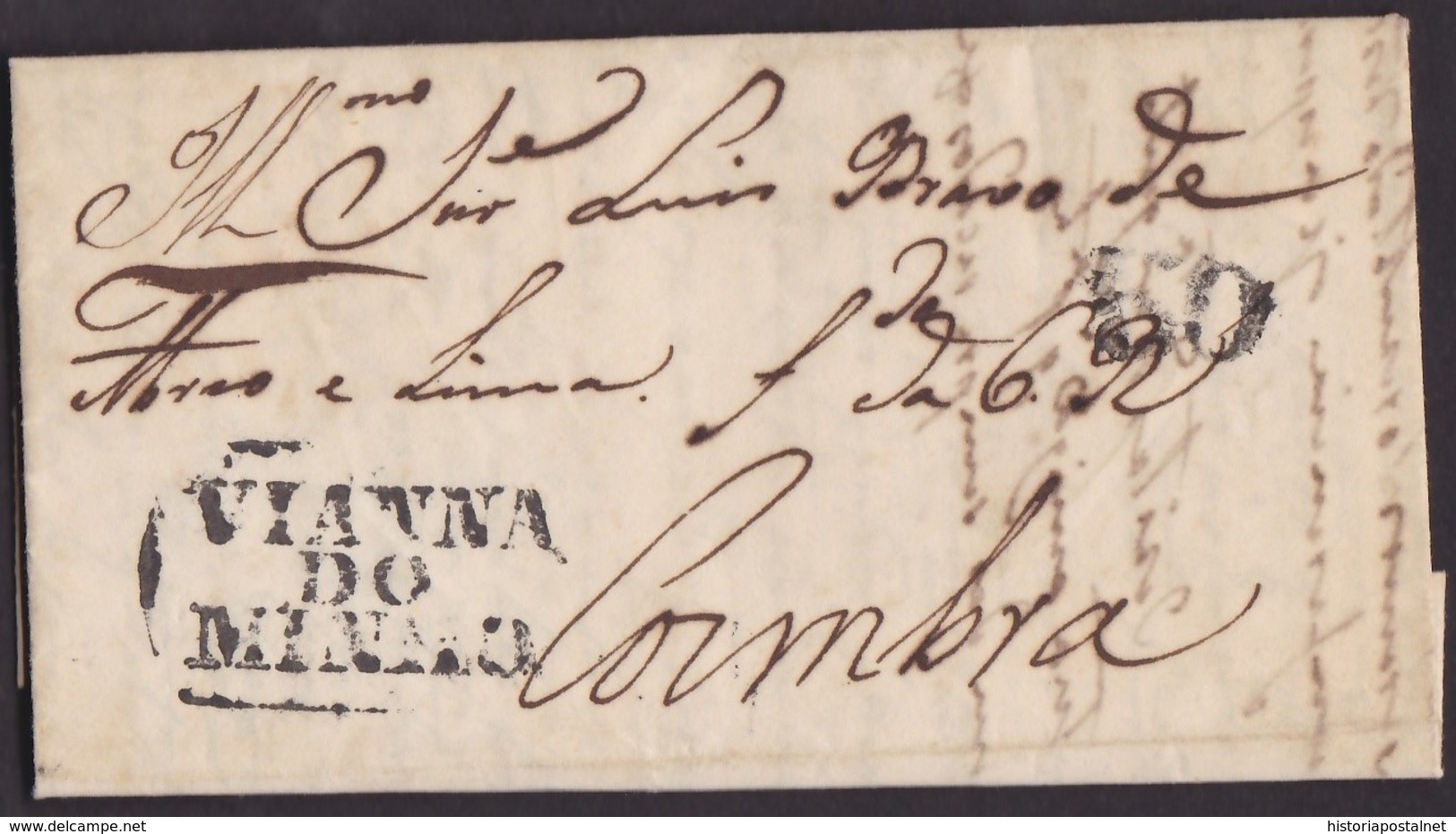 1830. VIANNA DU MINHO A COIMBRA. MARCA VIANNA/DO/MINHO EN NEGRO. PORTEO 50 REIS. BONITA SIN ORIGEN NI FECHA. - ...-1853 Prephilately