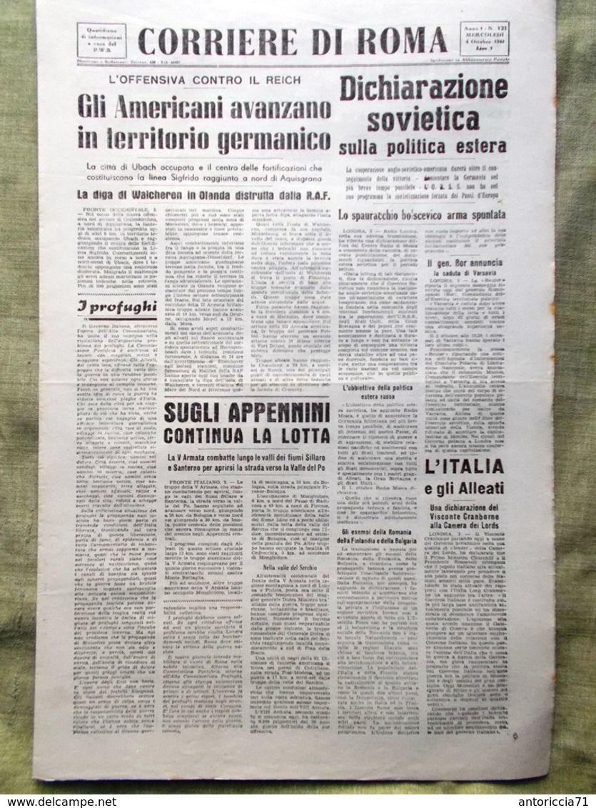 Corriere Di Roma Del 4 Ottobre 1944 WW2 Fucecchio Tedeschi In Ritirata Walcheren - Guerra 1939-45