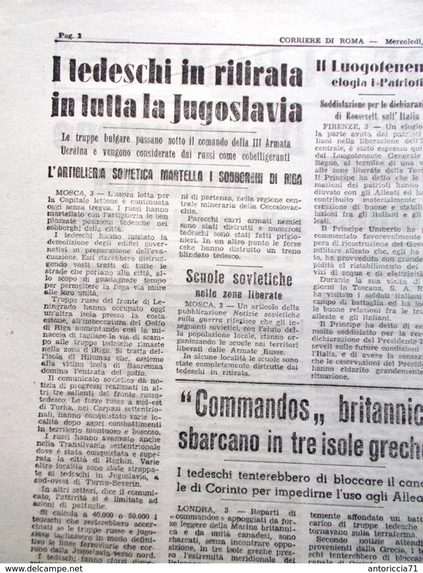 Corriere Di Roma Del 4 Ottobre 1944 WW2 Fucecchio Tedeschi In Ritirata Walcheren - Guerra 1939-45