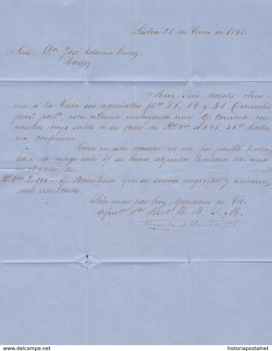 1868. LISBOA A CÁDIZ. 25 REIS ROJO MAT. NUMERAL 1. FECHADOR Y MARCA REMITENTE. LLEGADA MARCA CADIZ/FRANCO. - Autres & Non Classés